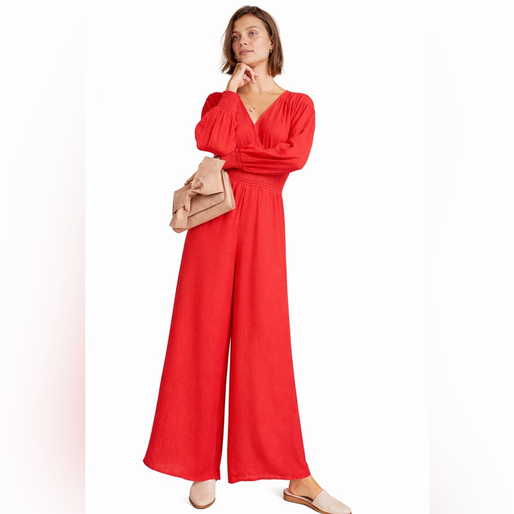 NWOT Current Air Red Smocked Waist Wide Leg‎ Jumpsuit Size L